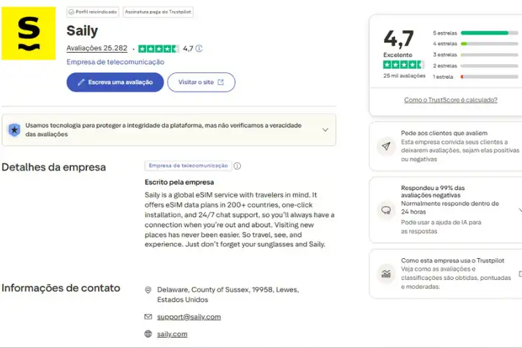 Perfil do Saily no Trustpilot