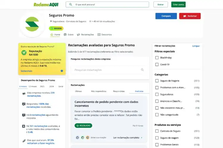 Página do Seguros Promo no Reclame Aqui com reputação RA1000.
